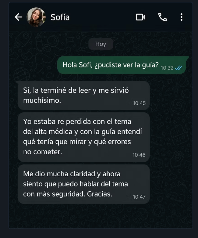 Testimonio de Sofía sobre la guía y el alta médica